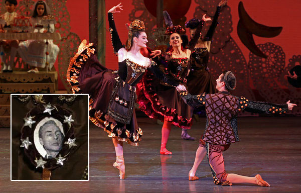 New York City Ballet's production of George Balanchine's The Nutcracker. The Spanish Hot Chocolate costumes include a small oval portrait of Balanchine. Photo by Andrea Mohin, The New York Times.