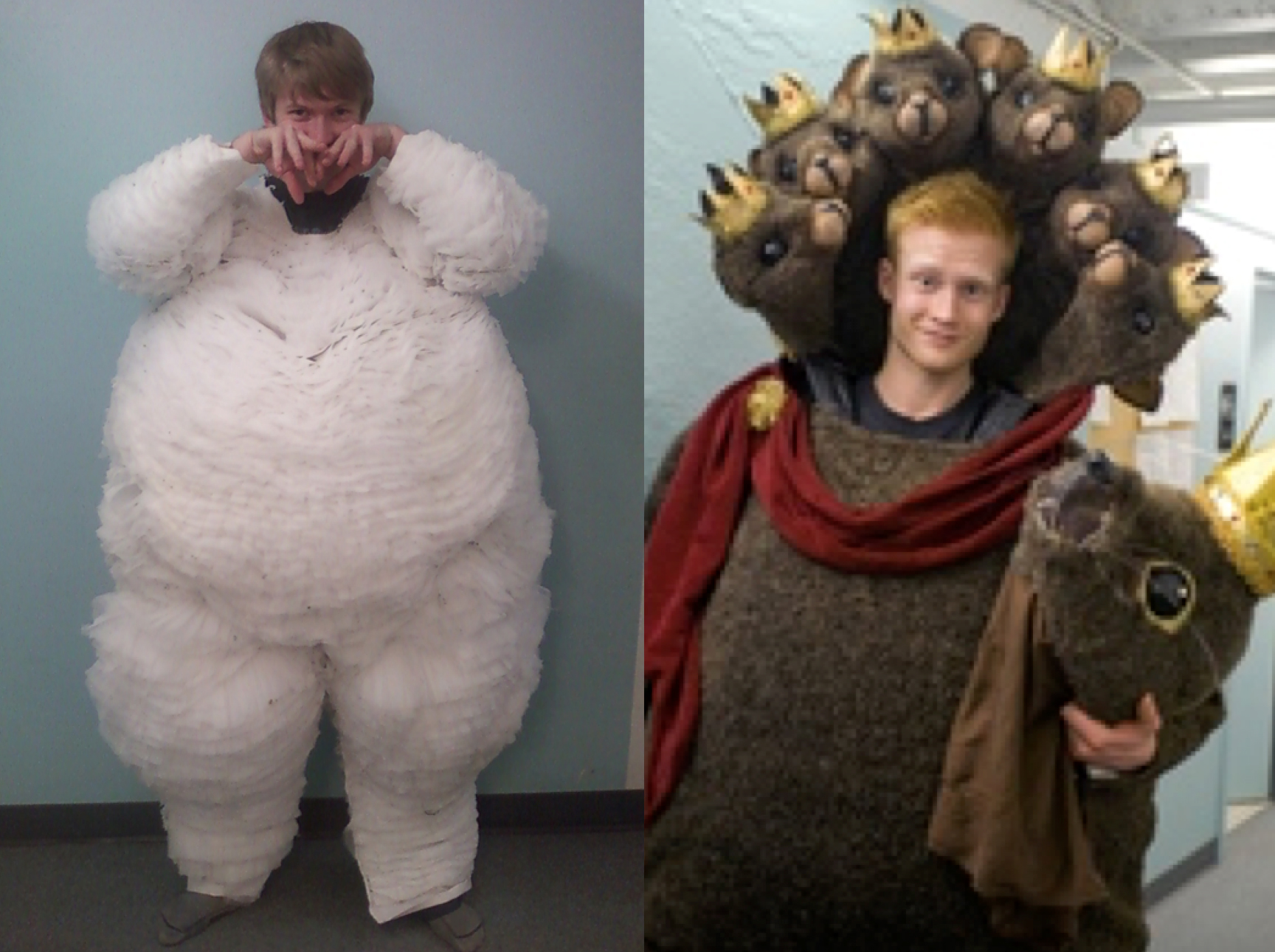 Steven Houser (left) and Adrian Fry (right) getting into costume to portray the "Mouse King" in Oregon Ballet Theatre's production of George Balanchine's The Nutcracker.