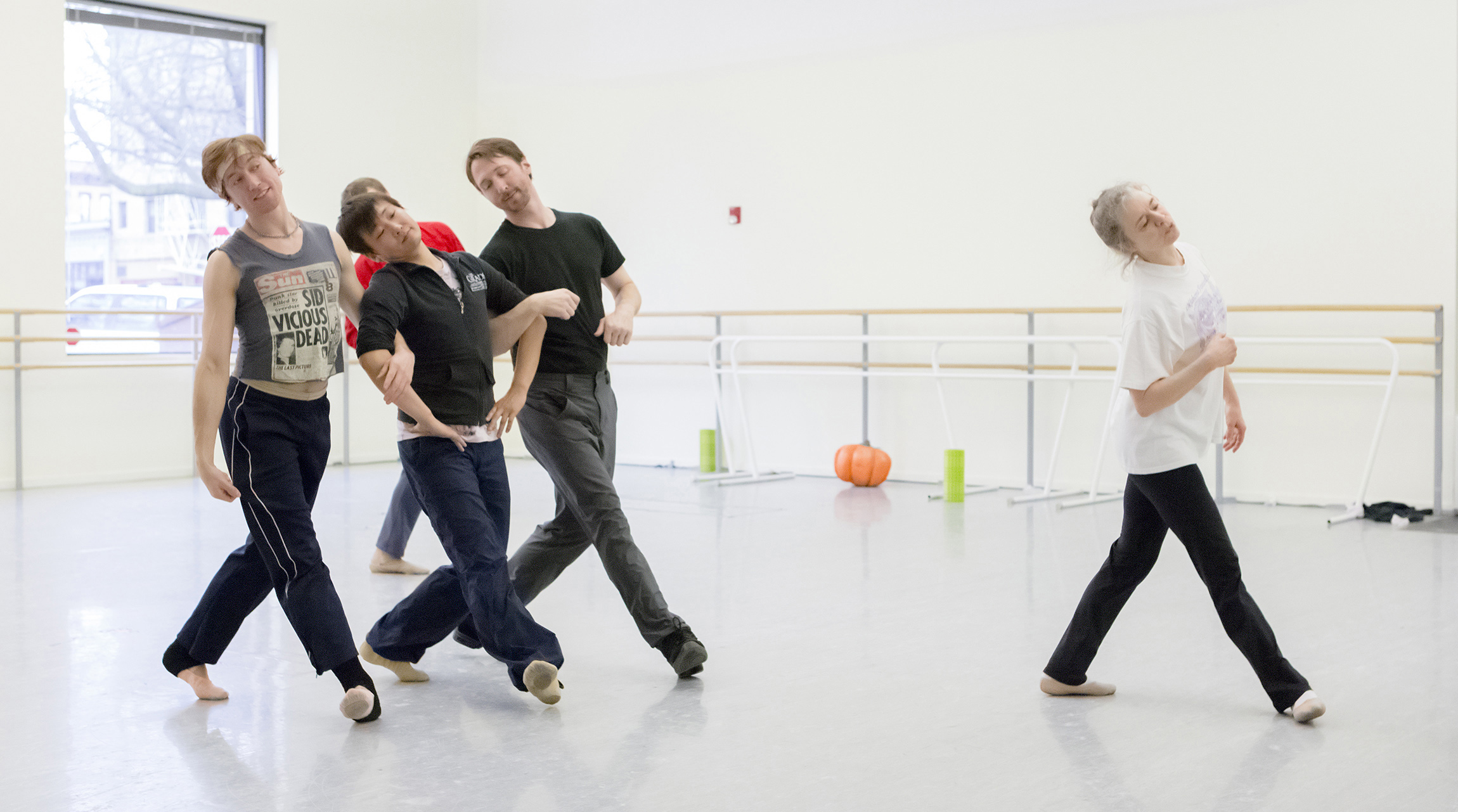 Left to right: Michael Linsmeier and Ye Li (as the Ugly Stepsisters) with Ballet Master Jeffrey Stanton (as Cinderella's Stepfather) and Stager Janie Parker in rehearsal for the company premiere of Ben Stevenson's Cinderella. Photo by Blaine Truitt Covert. 