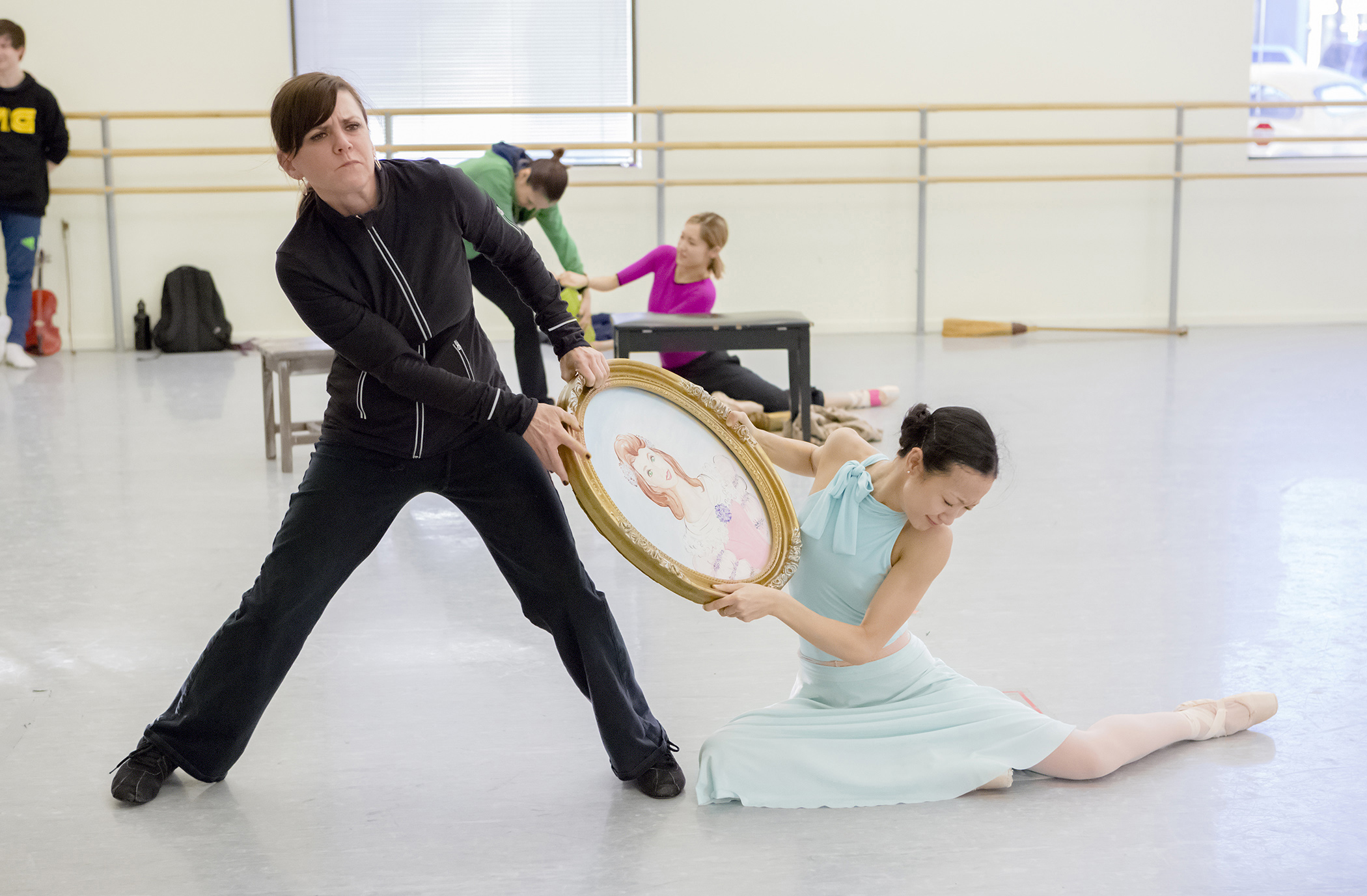 Left to right: Rehearsal Director Lisa Kipp (as Cinderella's Stepmother) and Xuan Cheng (as Cinderella) in rehearsal for the company premiere of Ben Stevenson's Cinderella. Photo by Blaine Truitt Covert.