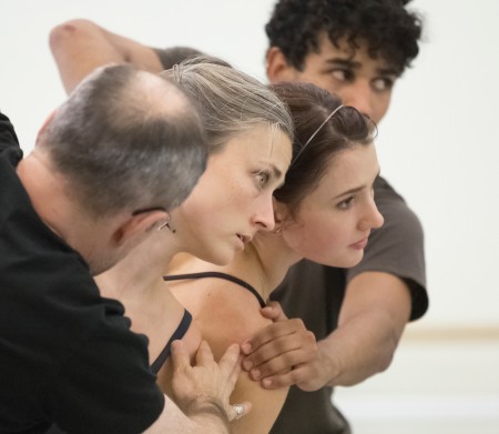 Left to right: Choreographer James Kudelka, Candace Bouchard, Eva Burton, and Jordan Kindell in rehearsal for the world premiere of Kudelka's "Sub Rosa" with music by Carlo Gesualdo. Photo by Blaine Truitt Covert.