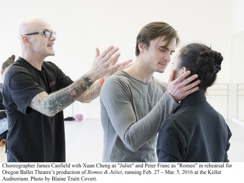 Choreographer James Canfield with Xuan Cheng as "Juliet" and Peter Franc as "Romeo" in rehearsal for Oregon Ballet Theatre's production of "Romeo & Juliet," running Feb. 27 – Mar. 5, 2016 at the Keller Auditorium. Photo by Blaine Truitt Covert.